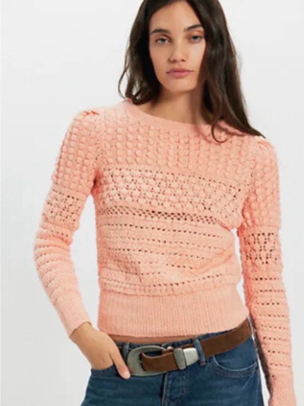 FREE PEOPLE Women's Peach Crochet Knit Sweater - Casual Long Sleeve